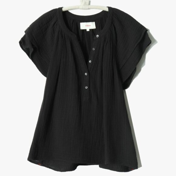 XIRENA Kira Black Gauze Cotton Flutter Sleeve Henley Top Women's size M